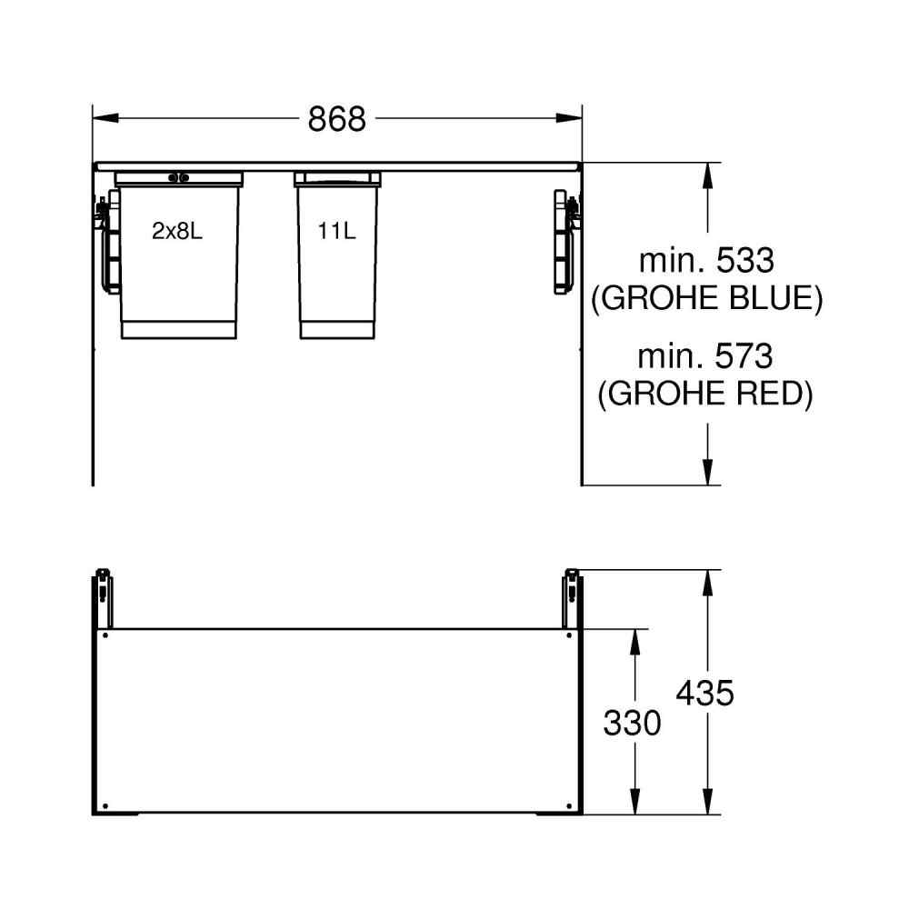 Affaldsspand 90cm, 2x8+11L Affaldssortering